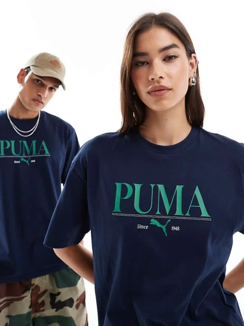 Puma Terrace Central Logo T-shirt In Navy And Green For Unisex