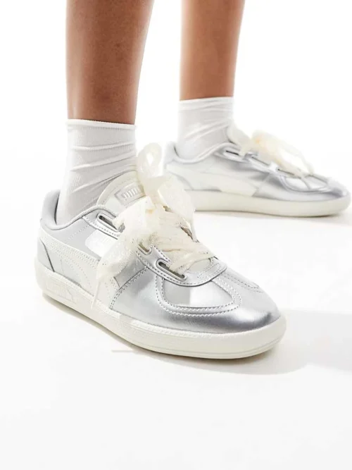 Puma Palermo Trainers With Ribbon Laces In Metallic Silver For Unisex