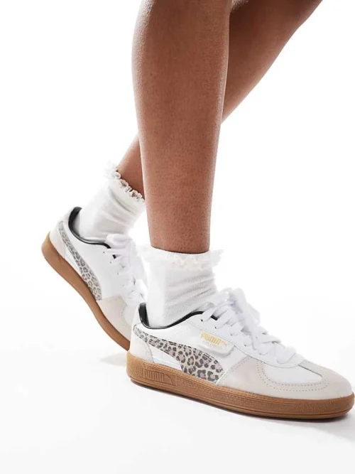Puma Palermo Trainers In White & Leopard Print For Unisex Brown