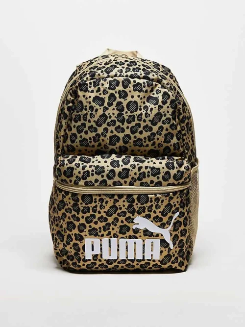 Puma Phase Logo Backpack In Leopard Print For Unisex Toasted Almond-animal-aop